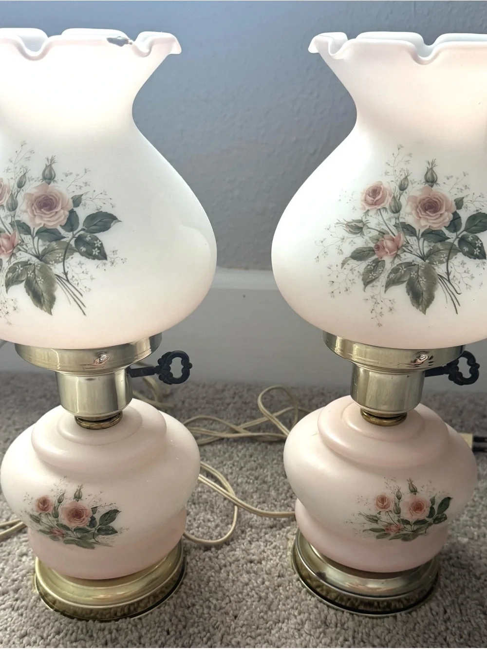 Vintage Floral Pink Glass Table Lamp Set - Pair